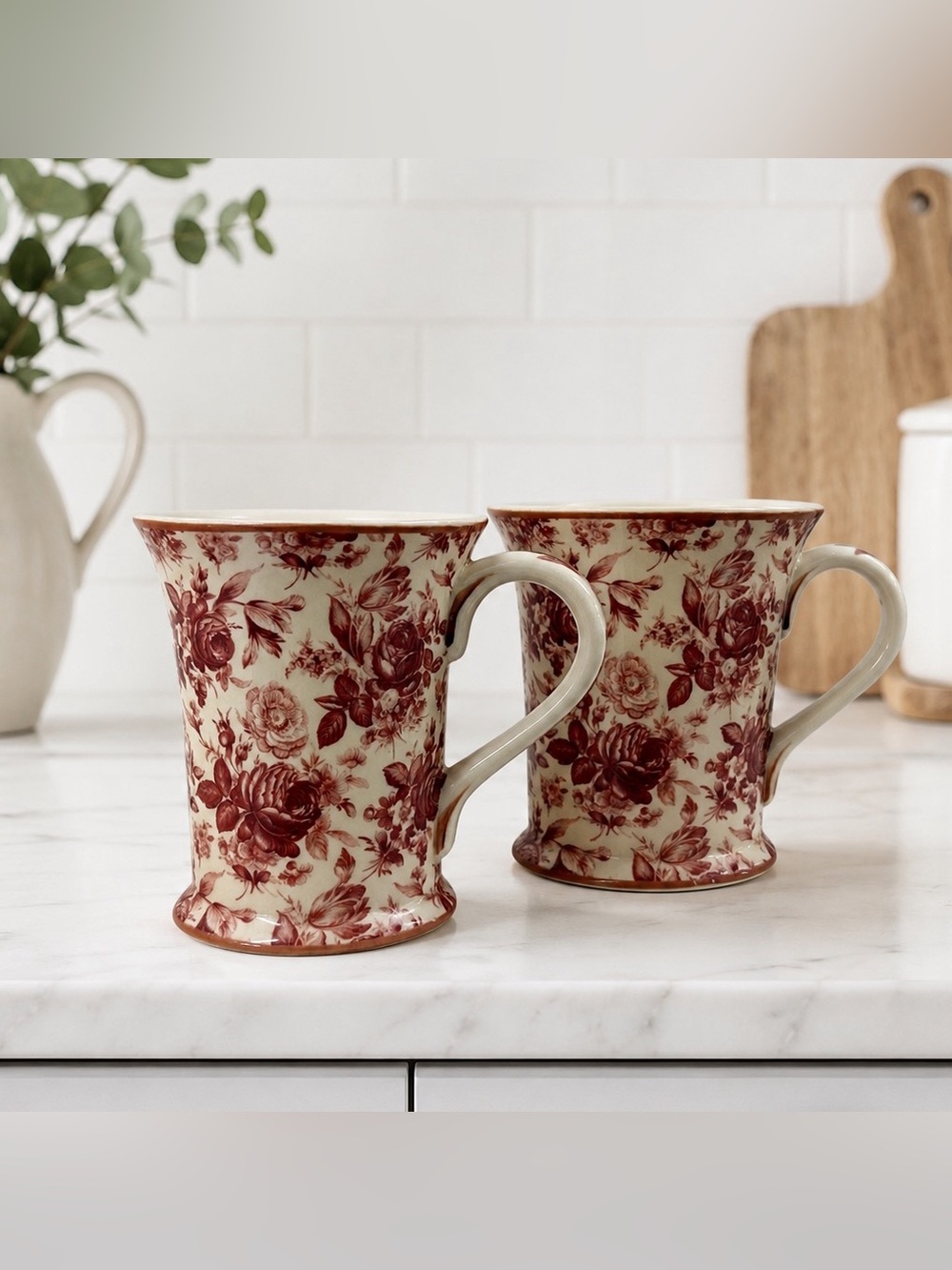 Harry & David Floral Toile Coffee Mugs Set of 2 Red Cream Ceramic China